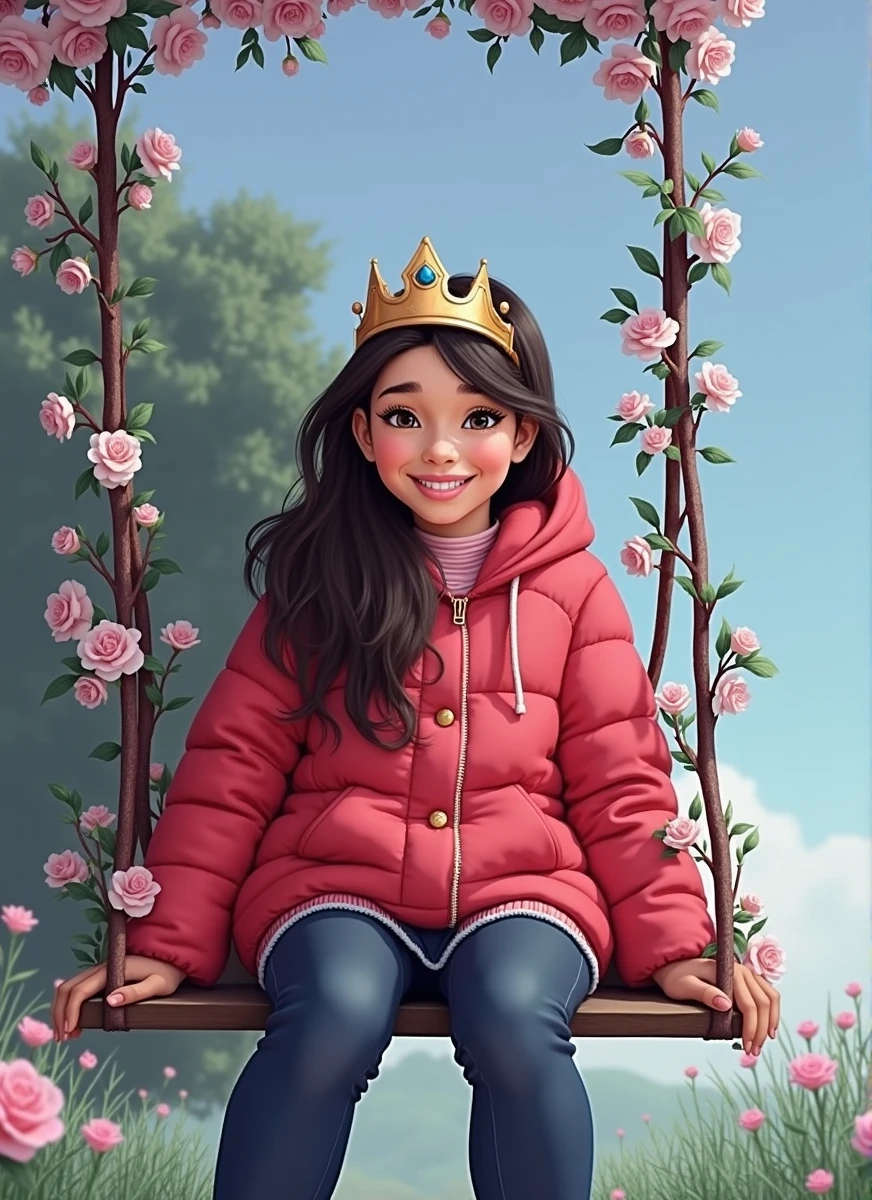Girl with light brown skin, sitting on a swing full of flowers, smiling, with a red jacket and a princess crown on her head