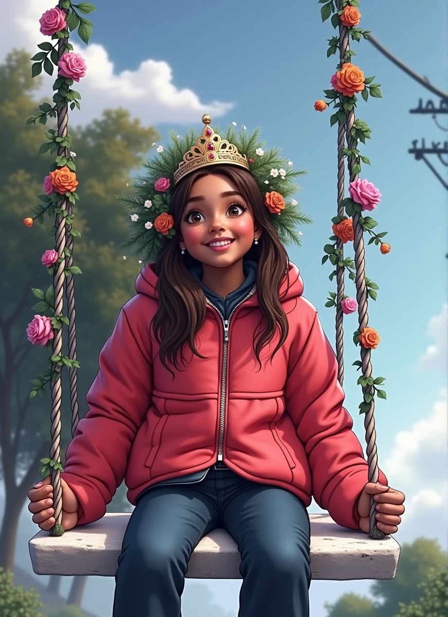 
Girl with light brown skin, sitting on a swing full of flowers, smiling, with a red jacket and a princess crown on her head