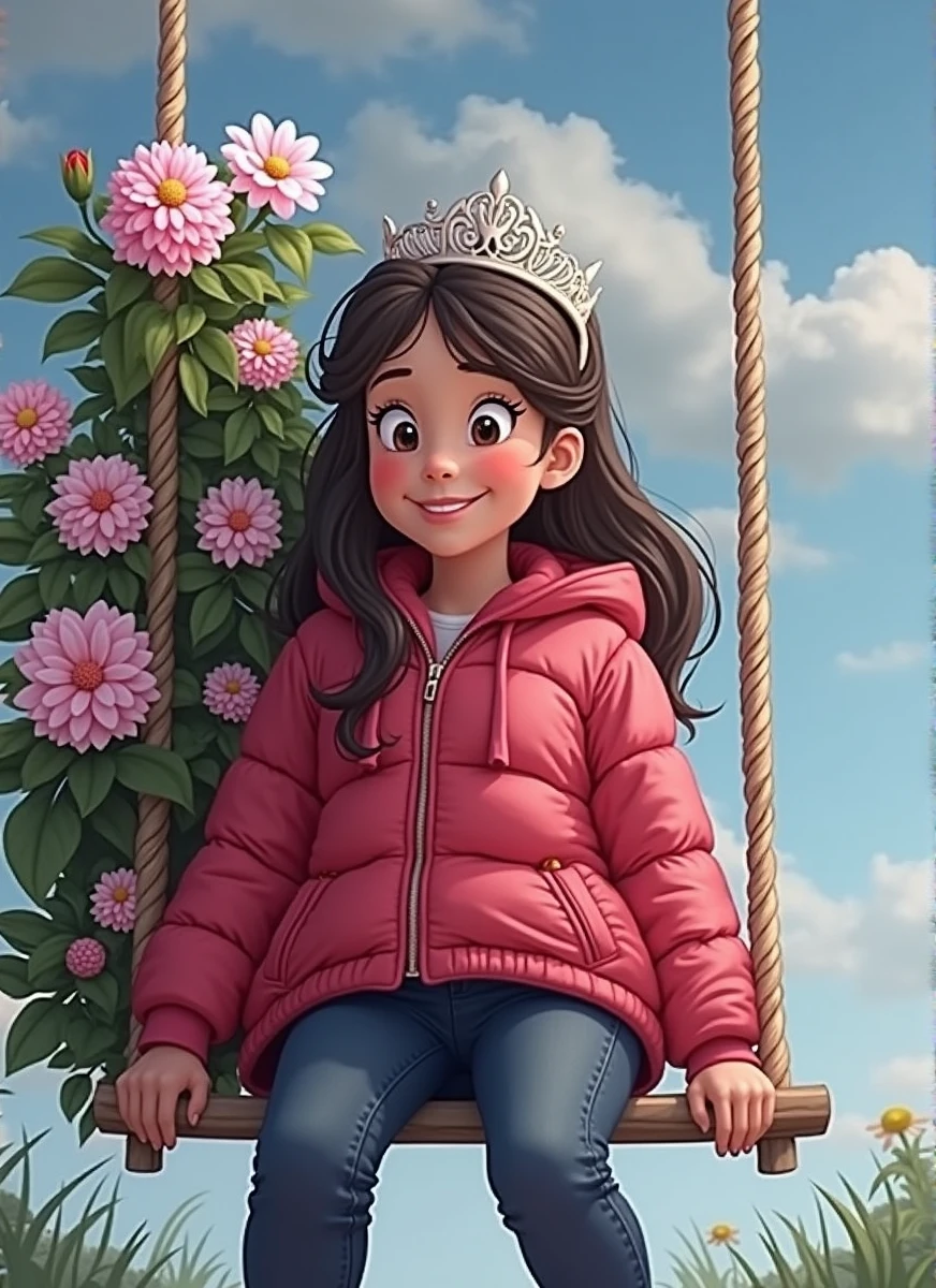 Girl with light brown skin, sitting on a swing full of flowers, smiling, with a red jacket and a princess crown on her head