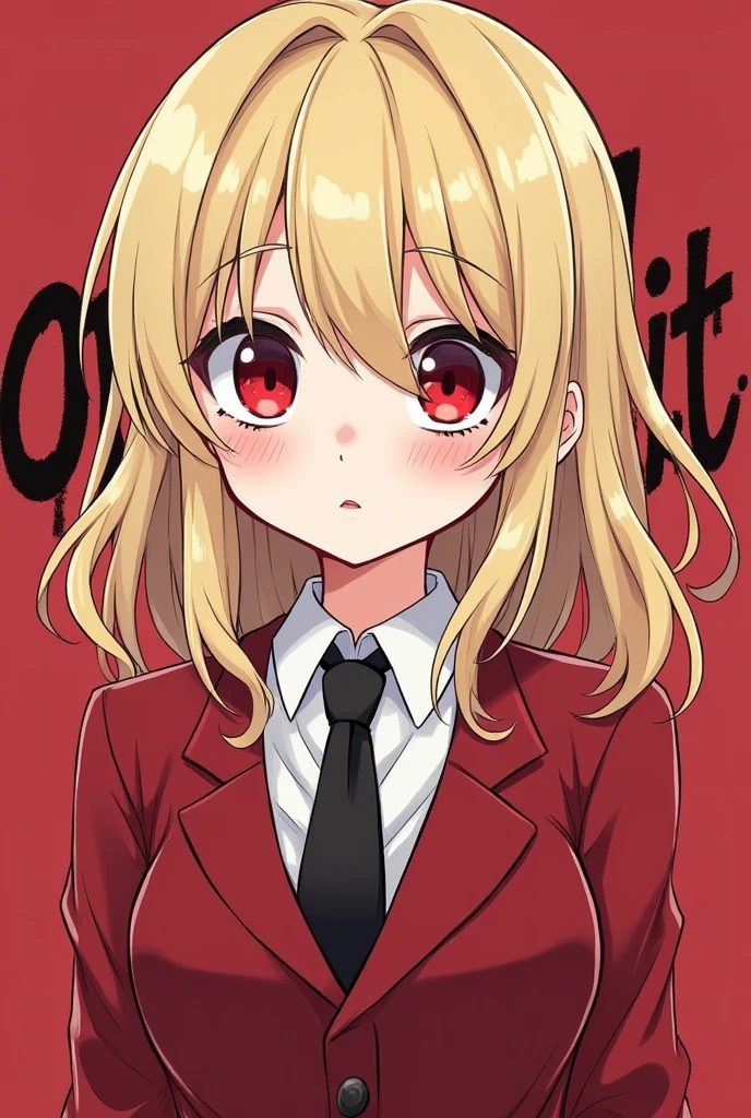 Literally write the word okidoki in a gothic style so that it looks like a bloody signature. that has a blonde white girl with red cheekbones in the background, big eyes with red pupil, a red suit, white shirt and a black michi tie, that she looks nervous and smiling and looks like a drawing