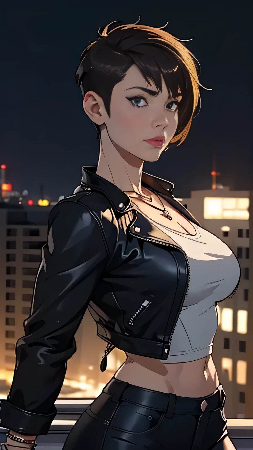 photo of mlp Meowko, RAW, beautiful woman, ((portrait)), ((detailed face:1.2)), ((anime face, anime facial feature, beautiful anime mouth, clear skin, clear skin), (short messy lesbian haircut, one shaved side, brunette: 1.55), (perfect proportioned body, Strong, muscular, narrow waist, narrow hips, skinny, large breasts), (arched back, (revealing clothes, wearing rockstar wearing leather jacket, bracelets, necklaces, ((midnight city, rooftop, (realistic photo, best quality, detailed)), (8k wallpaper), (cinematic lighting, beautiful light, (day:1.3)) (sharp focus, intricate))