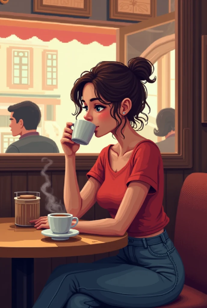 A woman pixel art, in thé bistrot driking coffee