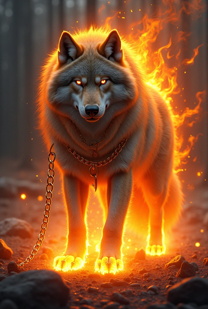 SIBERIAN WOLF ON FIRE WITH GOLD CHAIN AND DIAMOND SIBERIAN NAME BELOW 