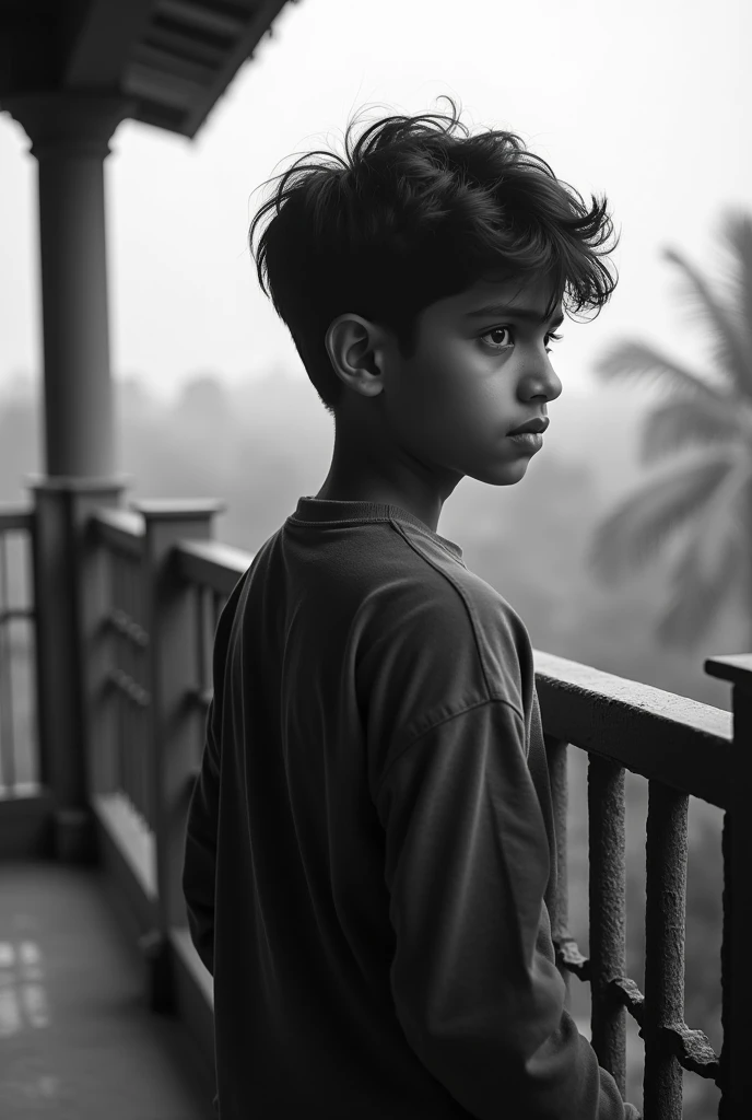 A  boy standing in terrace black photo indian boy round face back side photo