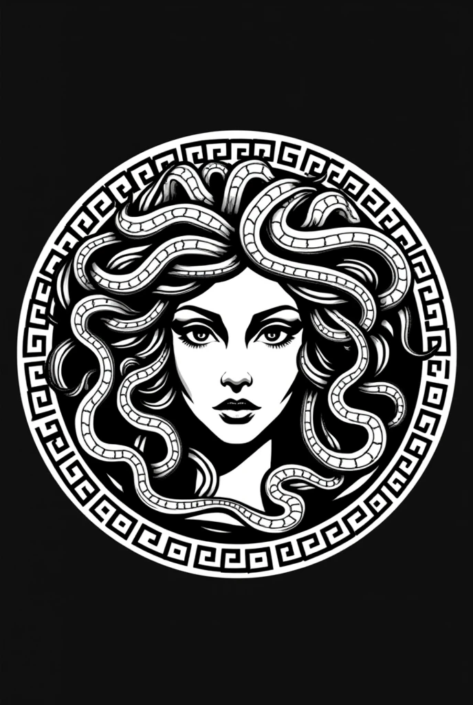 medusa, the ancient greek, woman head logo. Vector illustration of female face inside a Versace-type circle in black lines with snakes