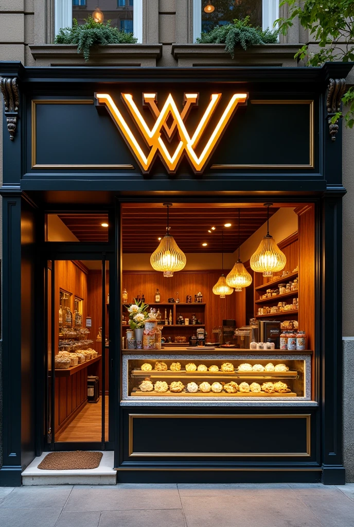 Create a cereal bar store front with a sign "Villania" with a logo with (3 V) in black and gold colors