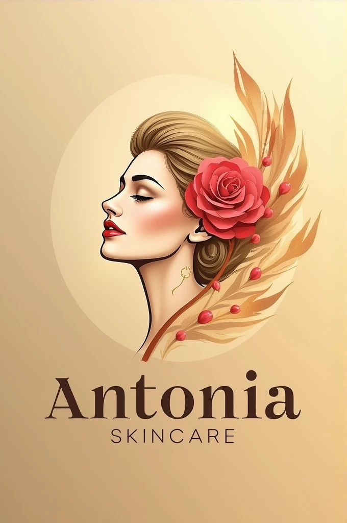 Create a logo showing a woman's face in profile with a flower showing beauty and fluidity where the contour of the face can be seen , The name of the company is Antonia, use the golden colors, red, and soft colors, to stylize the logo, elegant and visible font, The logo is for a virtual company that sells skin care products.