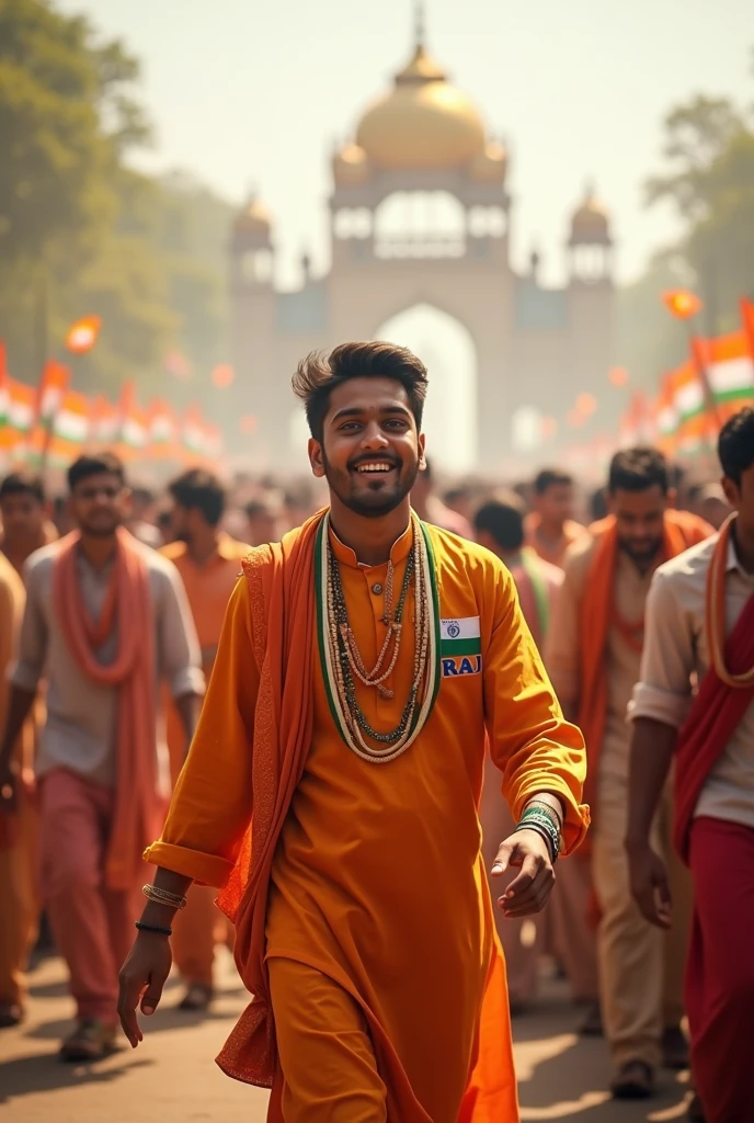 A real 20-year-old boy joyfully celebrates Indian Independence Day. He is wearing traditional Indian outfits with the name "RAJ" written on his attire. Above him, in the sky, the words "Happy Independence Day" are displayed in a bold font. The backdrop is filled with people celebrating, enhancing the festive and patriotic spirit of the day.
