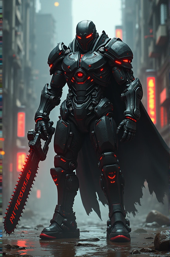 Dark_fantasy,cyberpunk,(chain saw,chain saw man,Red:1.1),1man,Mechanical marvel,Robotic presence,Cybernetic guardian,