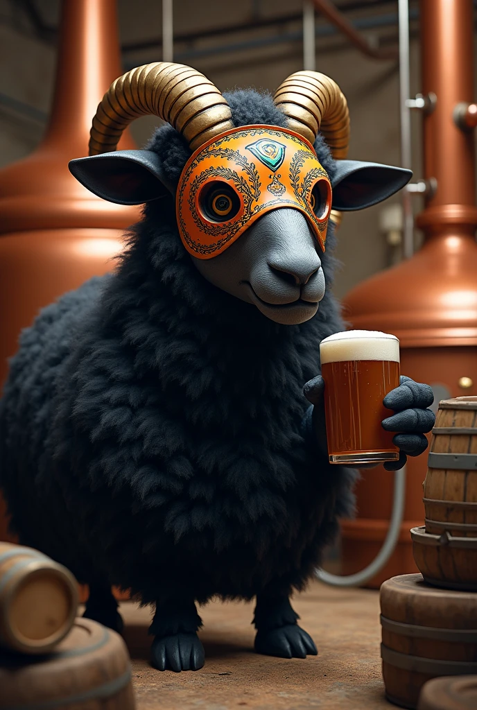 A human-shaped black sheep wearing a Mexican wrestler mask brewing craft beer 