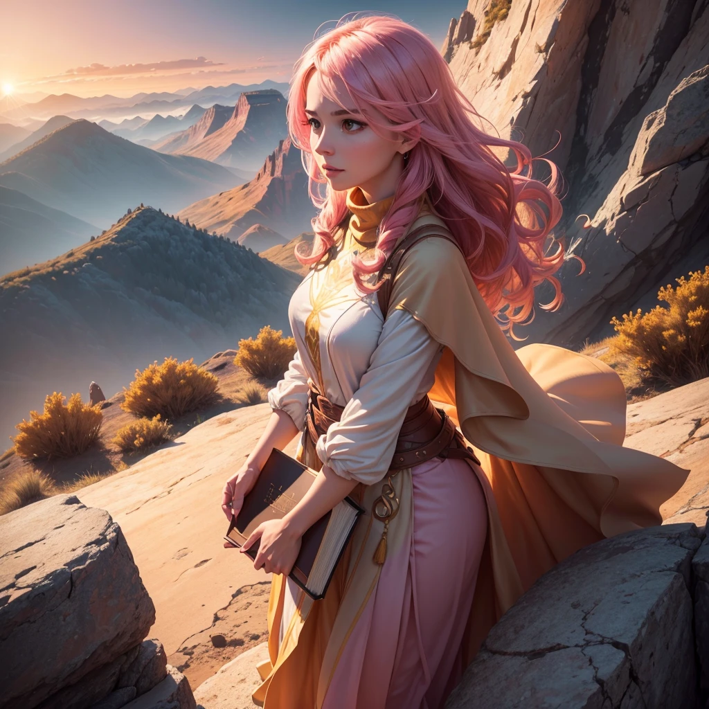 A woman standing on a cliff overlooking a vast, mountainous landscape, majestic sunrise in the background, (best quality,4k,8k,highres,masterpiece:1.2),ultra-detailed,(realistic,photorealistic,photo-realistic:1.37),dynamic lighting, ethereal glowing symbols of success such as trophies, books, and pathways leading to various achievements surrounding her, warm hues of orange, pink, and gold in the sky, inspiring, vibrant, determined expression on her face, ambitious, the power of visualization in achieving one's dreams