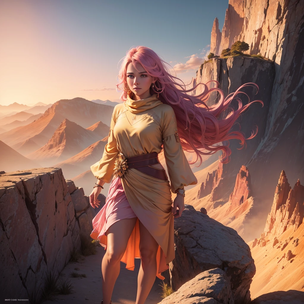 A woman standing on a cliff overlooking a vast, mountainous landscape, majestic sunrise in the background, (best quality,4k,8k,highres,masterpiece:1.2),ultra-detailed,(realistic,photorealistic,photo-realistic:1.37),dynamic lighting, ethereal glowing symbols of success such as trophies, books, and pathways leading to various achievements surrounding her, warm hues of orange, pink, and gold in the sky, inspiring, vibrant, determined expression on her face, ambitious, the power of visualization in achieving one's dreams