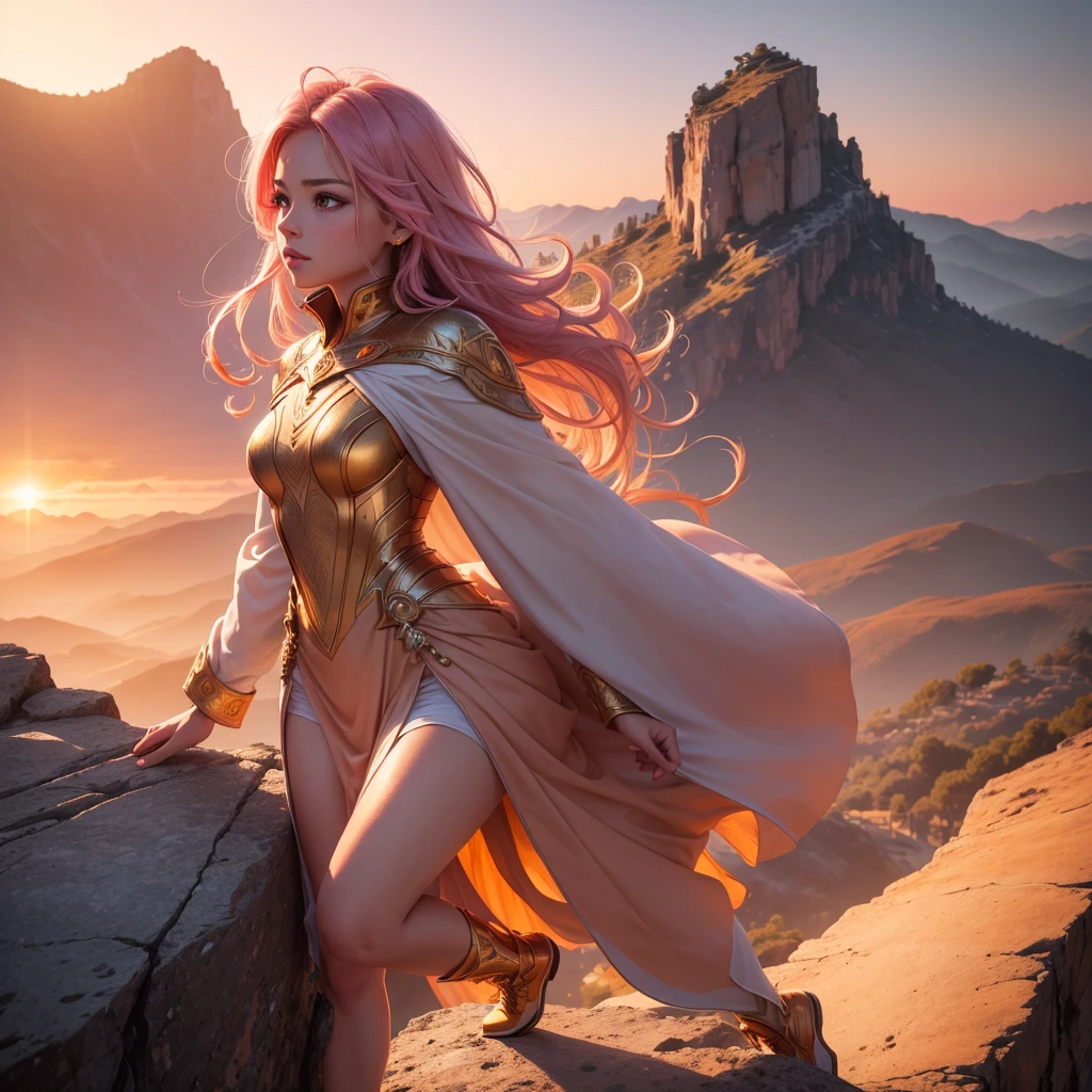 A woman standing on a cliff overlooking a vast, mountainous landscape, majestic sunrise in the background, (best quality,4k,8k,highres,masterpiece:1.2),ultra-detailed,(realistic,photorealistic,photo-realistic:1.37),dynamic lighting, ethereal glowing symbols of success such as trophies, books, and pathways leading to various achievements surrounding her, warm hues of orange, pink, and gold in the sky, inspiring, vibrant, determined expression on her face, ambitious, the power of visualization in achieving one's dreams