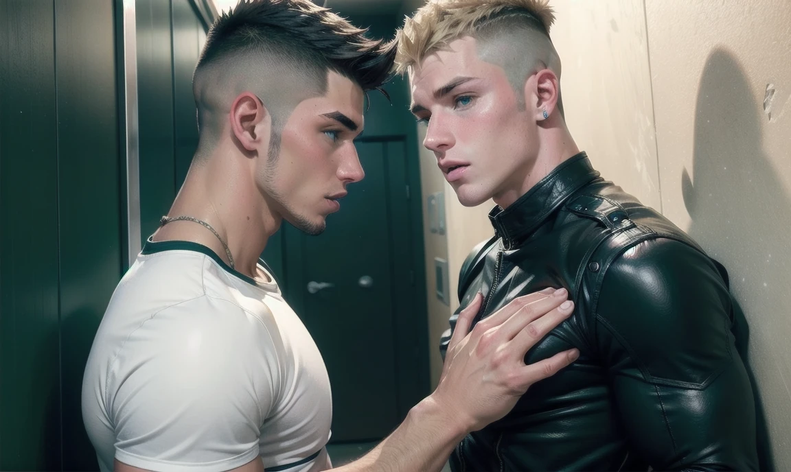 [((highly detailed, detailed eyes, detailed face, clear and realistic facial features, photorealistic, realistic light, cinematic)), Austin is an handsome masculine intimidating 18-year-old Puerto Rican punk with blue-green eyes who wears a tough leather outfit and has hair that is shaved at the sides and tinted red on top, James is a sexy masculine confident 18-year-old Caucasian jock with brown eyes who wears a varsity jacket and has blond hair in an undercut, Austin and James stand in a school hallway leaning in and looking at each other with tension between them, ((touching each other))]