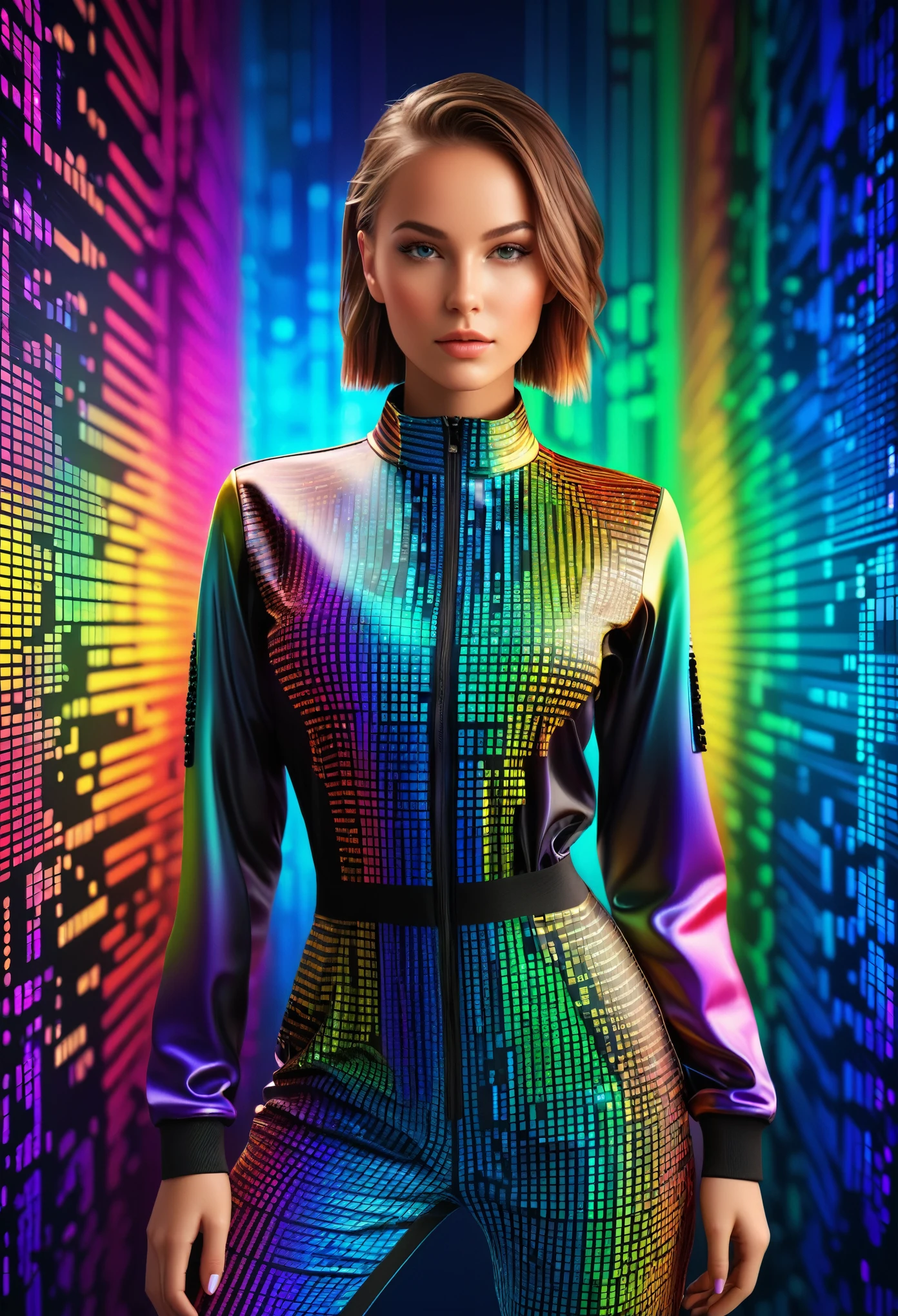 3D render a girl wearing a jumpsuit, the background is a wall of rainbowish binary code, vibrant colors, beautiful 3D illustration by MSchiffer, intricately detailed, focus on face, detailed face, sharp image