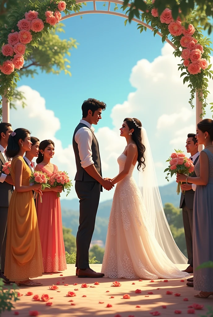 A wedding of a couple, a black haired tall muscular boy and a cute black haired girl and their names were mentioned as "Thisakthika X Chanuli"