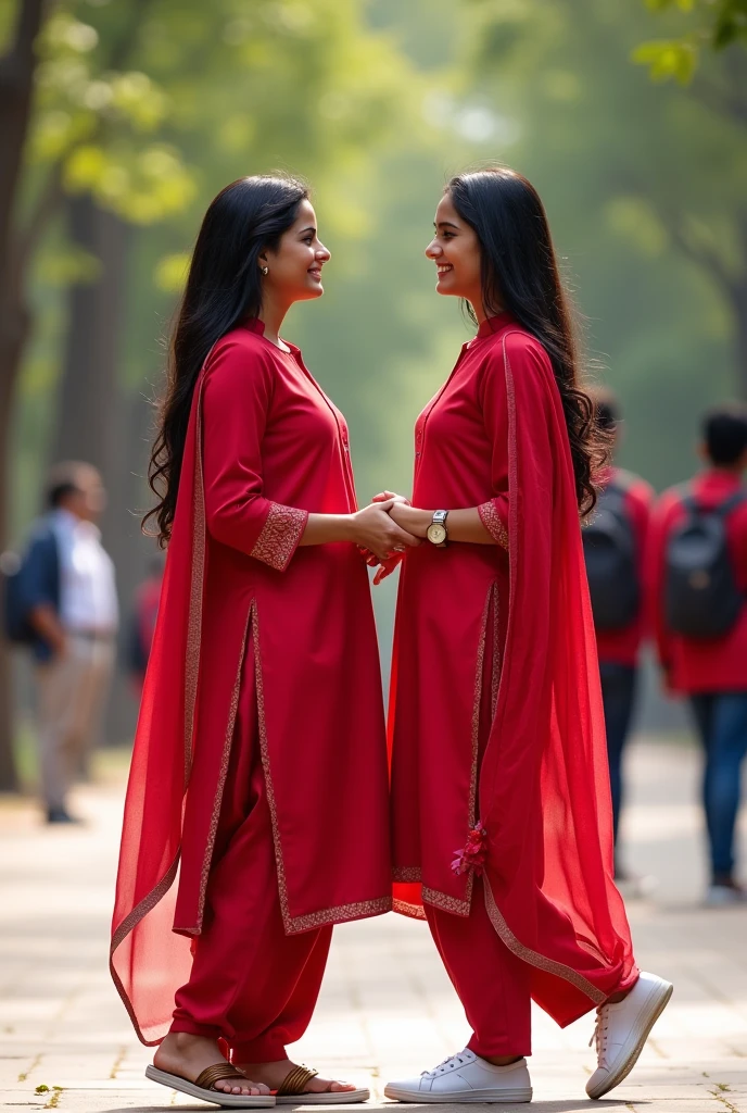 A real 18 year old Indian girl is standing in college outdoors, and next to him another real 18 year old Indian girl making heart with each other and both wearing Red kurti with dupatta and college looks, the first girls kurti has "Tasmi"printed on it bold latters. And the other girls has a kurti with "Rubaiya" written on it bold latters, both are smiling, white shoes, watch, stylish hair,college students in the background,blaring 32K ultra detailed