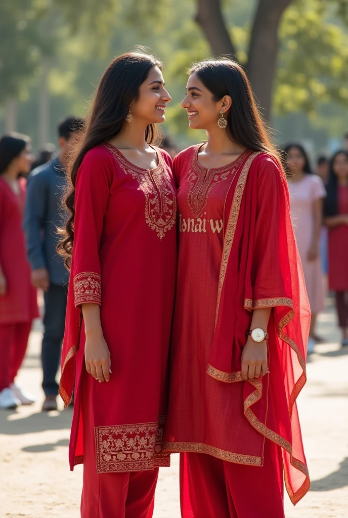 A real 18 year old Indian girl is standing in college outdoors, and next to him another real 18 year old Indian girl making heart with each other and both wearing Red kurti with dupatta and college looks, the first girls kurti has "Tasmi"printed on it bold latters. And the other girls has a kurti with "Rubaiya" written on it bold latters, both are smiling, white shoes, watch, stylish hair,college students in the background,blaring 32K ultra detailed