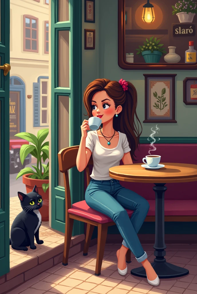 A woman pixel art with black cat, in thé bistrot driking coffee