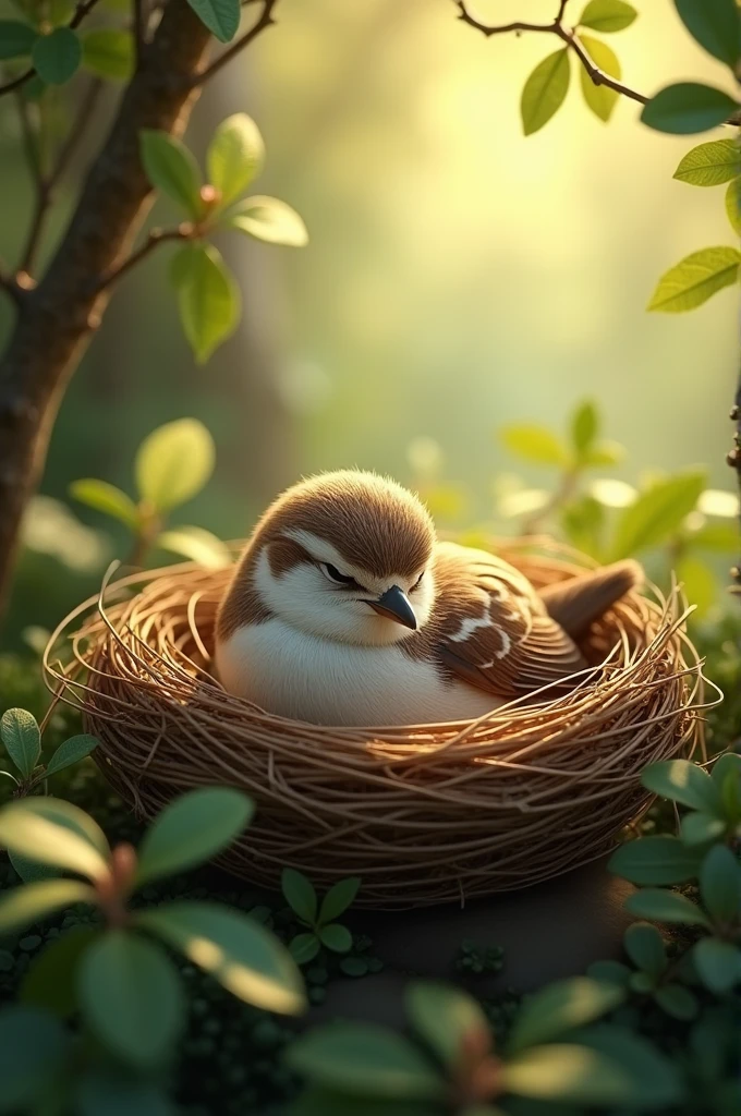 Transform the image of a serene, natural setting into a peaceful scene featuring a 'Sleeping Sparrow's Nest.' Visualize a cozy, hidden nest nestled among lush greenery, with a sleeping sparrow gently resting inside. Capture the tranquility and beauty of the nest, highlighting soft, warm colors and delicate details to evoke a sense of calm and comfort."