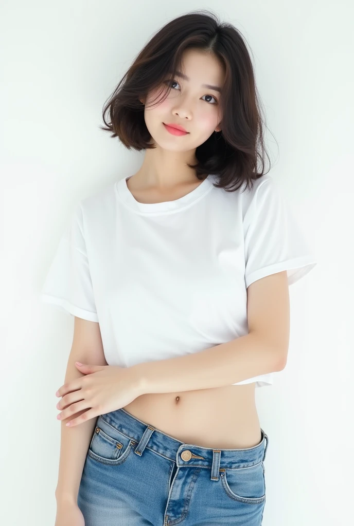 ((Best image quality, 8k, masterpiece:1.3)), One Japanese girl idol, Age: 20、Beautiful woman with slim abs:1.3, (Casual Hairstyles, Leaking big boobs:1.2), White t-shirt and denim shorts，Height: 163cm，Super small face, Cute big eyes, Double，smile，Very bad shape，Small waist，Super big breasts，close，close chest，White skin，Background is white、Permed bob hair、