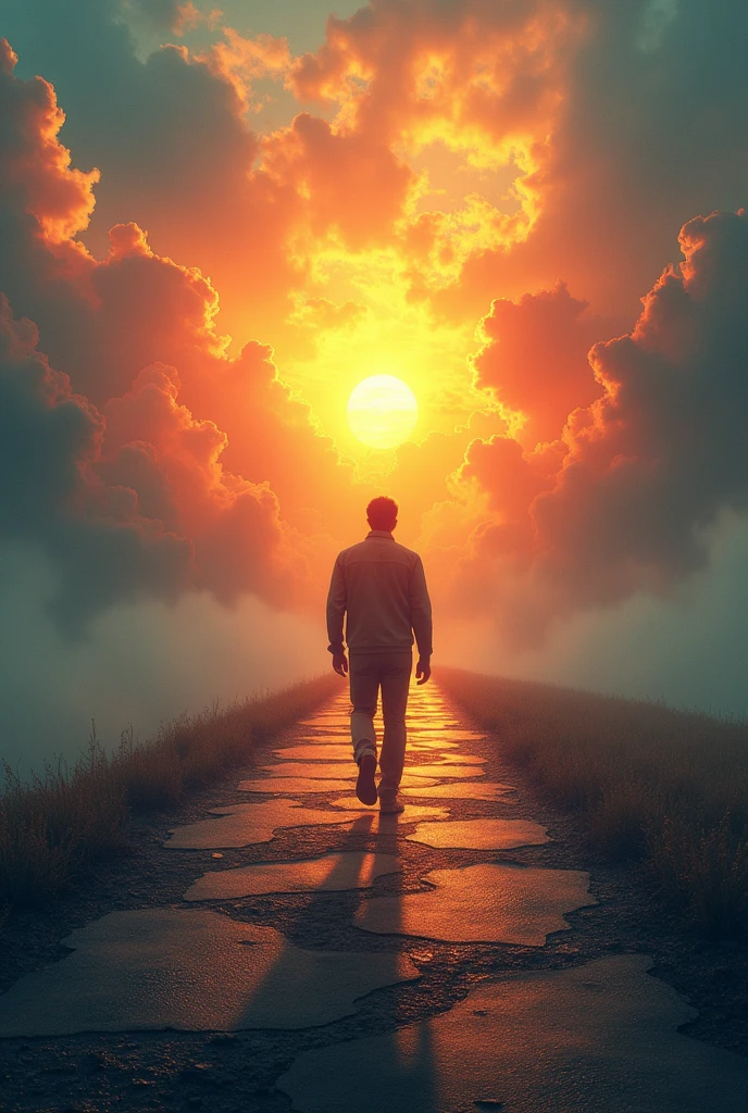 Create a visually appealing image that captures the essence of breaking free from the monotony of daily life. The scene is supposed to represent a man at a crossroads in his life., symbolized by a vibrant sunrise breaking through the clouds. On one side, the man is shown walking a path of routine and stagnation, with faded colors and a robotic, repetitive vibe. on the other hand, the path is full of life and energy, symbolizing growth, challenges and self-discovery, with vibrant colors and a sense of movement. Man must be portrayed as determined, with strong posture, ready to walk the path of transformation. Incorporate subtle elements like a clock to indicate the passage of time and broken chains to represent freedom from limitations.. The general atmosphere should be motivational and inspiring., encouraging the viewer to take control of their life and make impactful changes