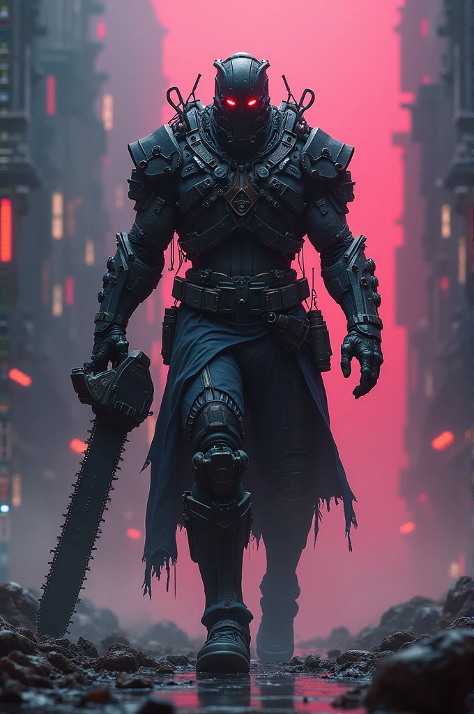 Dark_fantasy,cyberpunk,(chain saw,chain saw man,Red:1.1),1man,Mechanical marvel,Robotic presence,Cybernetic guardian,