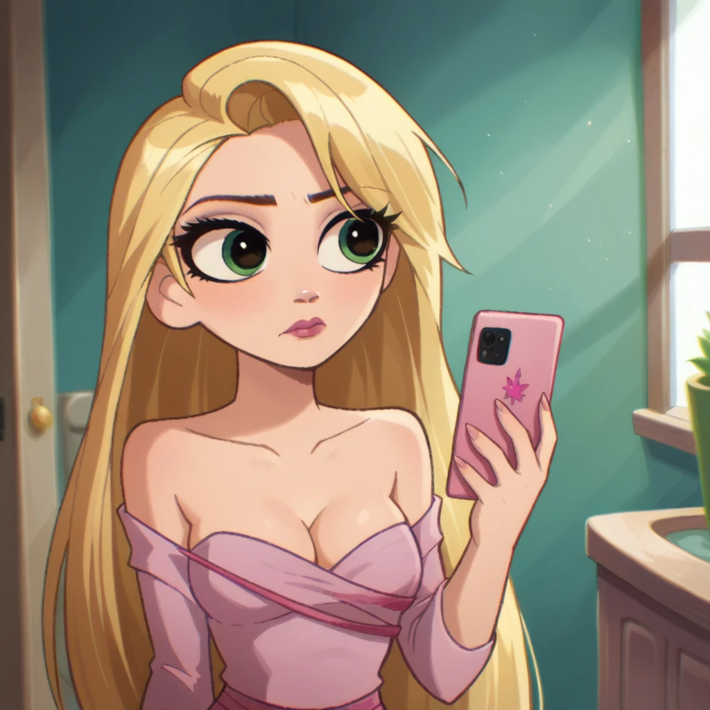 score_9_presence, score_8_up, Rapunzel, wrapped in towel, medium breasts, cleavage, holding phone