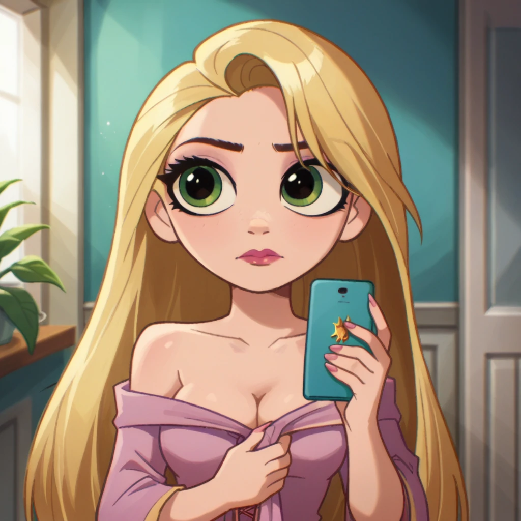 score_9_presence, score_8_up, Rapunzel, wrapped in towel, medium , cleavagng phone