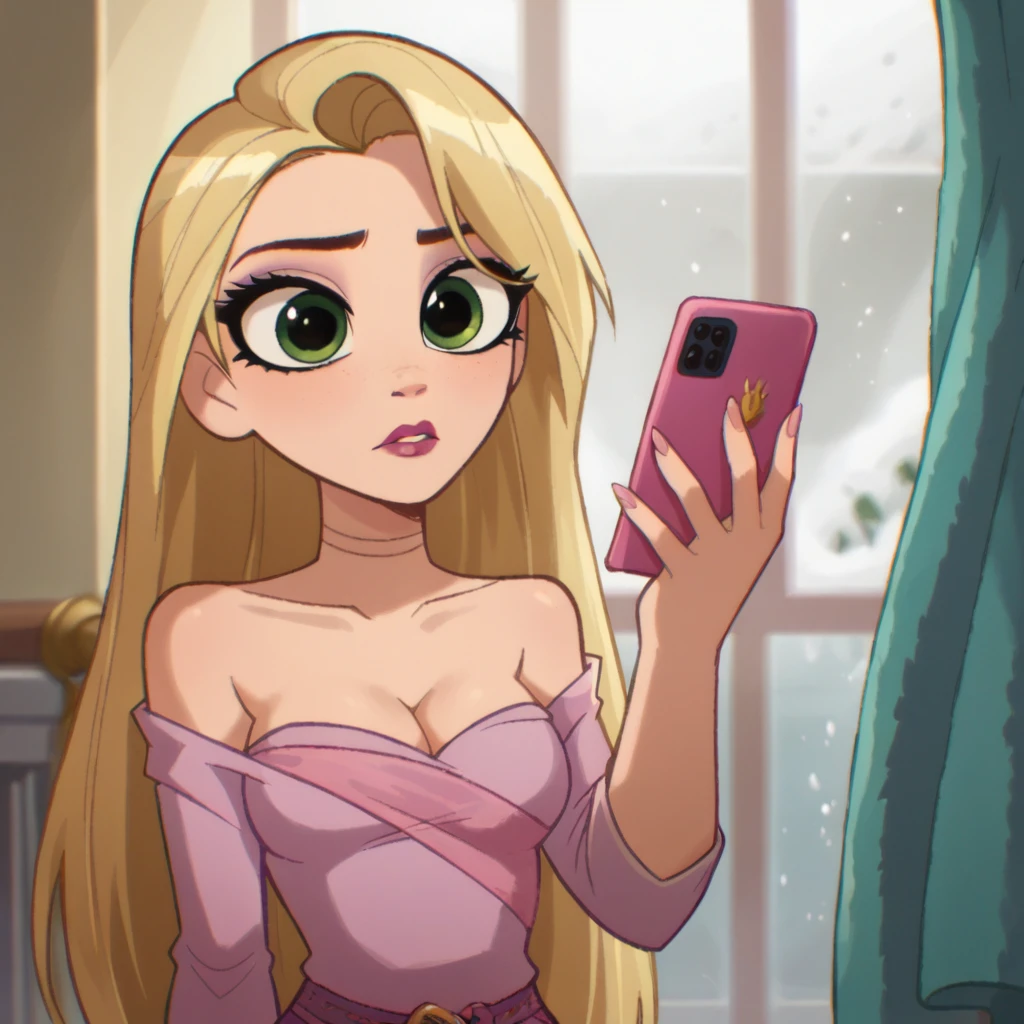 score_9_presence, score_8_up, Rapunzel, wrapped in towel, medium breasts, cleavage, holding phone