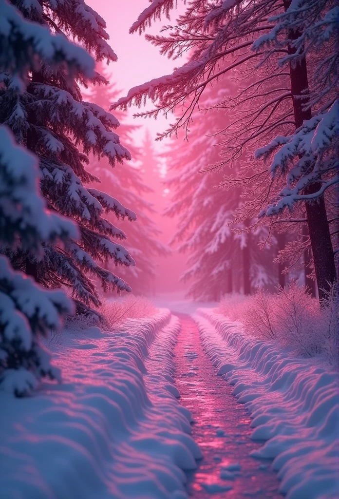 "Generates an extremely detailed scene of a dimly lit snowy wonderland, Rich in details, Bathed in a mesmerizing magenta glow. Imagine a peaceful winter landscape, Each snowflake is delicately outlined with soft, Dim Lights. Highlight the complex texture of snow-covered tree branches, Captures subtle changes in shadows in the surrounding magenta tones. Create a visual masterpiece,Immerse the audience in a quiet and charming atmosphere, A world covered with ice and snow, Emphasis on the smallest details to evoke a sense of serenity and awe."