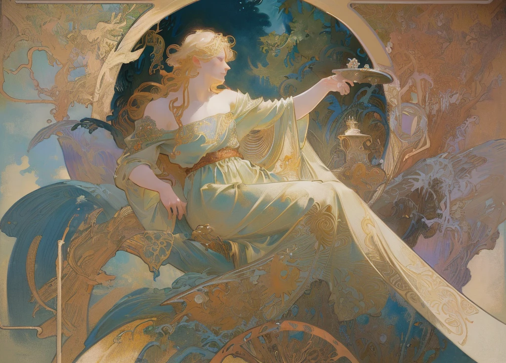a blonde man and a man sitting in a pose from Alphonse Mucha's "The Seasons" painting summer, (Designed by nty:1.4), (solo), Yoshitaka Amano character design, (solo), satanic, (masterpiece:1.7), (top-quality), (highly detailed CG, ultra-detailed, the best shadow:1.1), (solo), dynamic pose, by veron