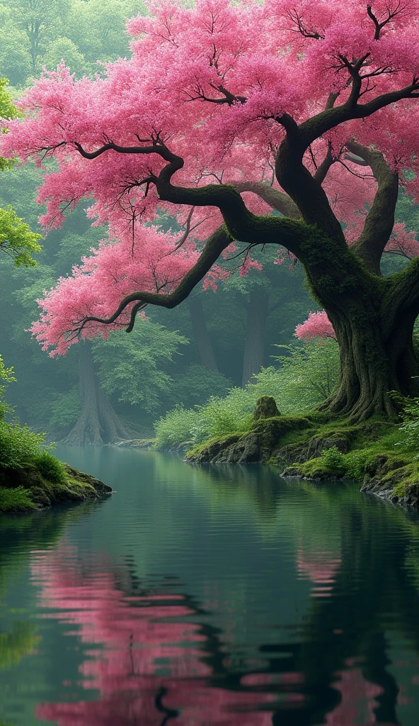 The image depicts a vibrant, serene natural scene featuring a large tree with stunning, bright pink blossoms. The tree’s branches extend gracefully across the frame, laden with clusters of pink flowers, which create a striking contrast against the greenery in the background. The tree trunk is thick and sturdy, with moss-covered bark adding texture and depth to the scene.

In the background, lush green foliage from other trees forms a dense canopy, creating a rich tapestry of different shades of green. The ground is not visible, but the vibrant green leaves and the reflection in the water below suggest a lush, healthy environment.

A tranquil body of water lies beneath the trees, reflecting the greenery and creating a sense of calm and tranquility. The water appears still, almost like a mirror, capturing the beauty of the scene above it. The overall composition and vivid colors of the image give it a lifelike, realistic quality, emphasizing the beauty of nature in full bloom.