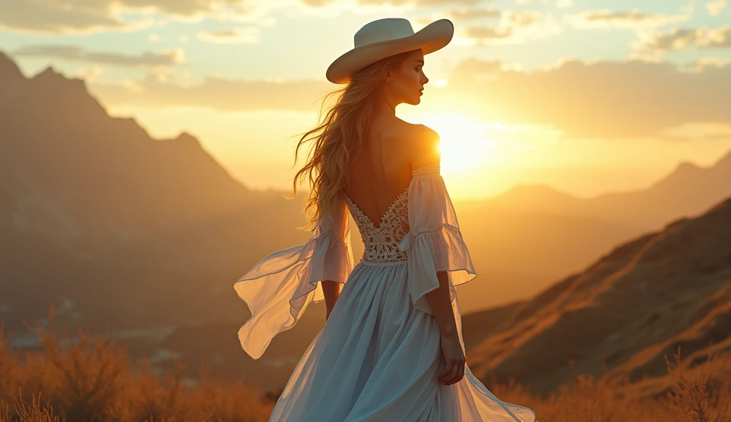 Argentina as a southamerican waitress in light blue and white with a golden sun. Intricated clothing. Cinematic Fantasy sci-fi landscape background