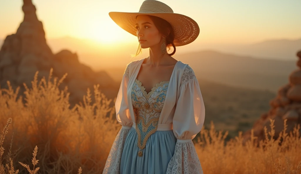 Argentina as a southamerican waitress in light blue and white with a golden sun. Intricated clothing. Cinematic Fantasy sci-fi landscape background