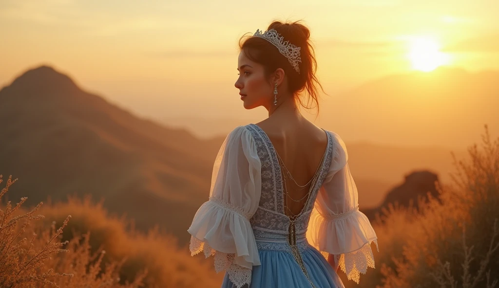 Argentina as a southamerican waitress in light blue and white with a golden sun. Intricated clothing. Cinematic Fantasy sci-fi landscape background