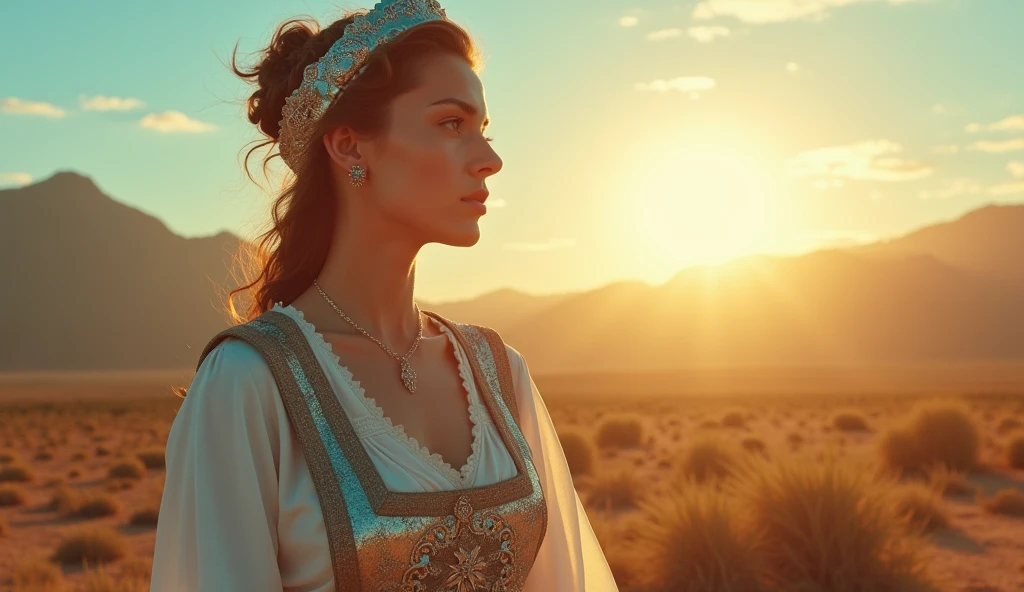 Argentina as a southamerican waitress in light blue and white with a golden sun. Intricated clothing. Cinematic Fantasy sci-fi landscape background