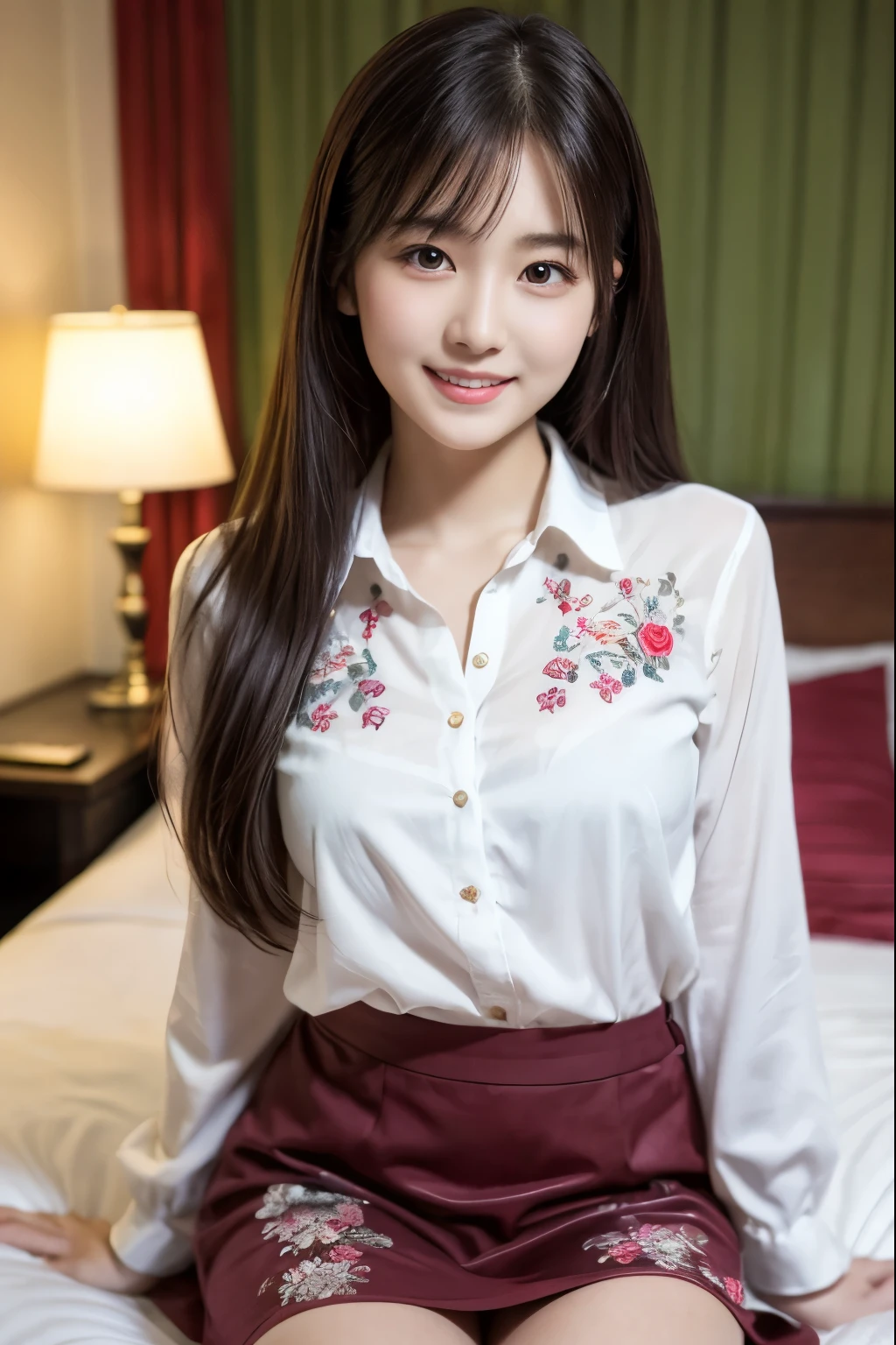 ung girl,very cute and beautiful japanese teenress,highly detailed beautiful face, looking at viewer,smile,solo,white blouse BREAK kawaii maroon skirt with intricate detailed floral embroidery,sitting on bed,spread legs, hotel room,real person,photorealistic