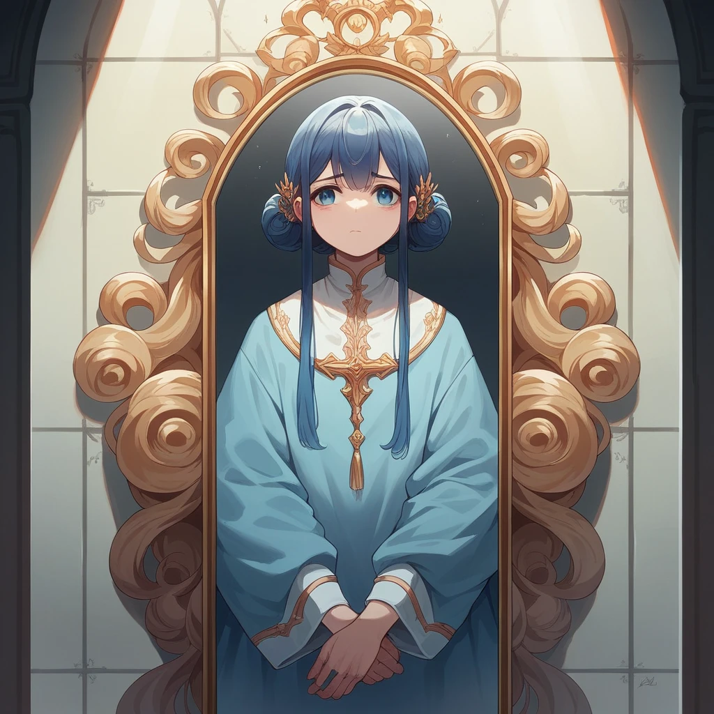 Bold brushstrokes, anime style illustration, blue mood. Cinematic lighting, in a castle, in front of a mirror, 1 girl, fat Cinderella who gained 30kg since getting married and has a sad look on her face.