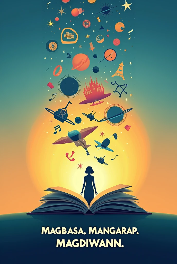 Great! Let's incorporate elements from this image into the digital poster concept for the 90th National Book Week theme “Magbasa. Mangarap. Magdiwang!”.
### **Enhanced Concept: "Journey Through Books"**
#### **Theme Interpretation:**
The theme "Magbasa. Mangarap. Magdiwang!" translates to "Read. Dream. Celebrate!" This theme emphasizes the transformative power of reading, the dreams it inspires, and the joy it brings. The poster should visually capture these elements, creating a vibrant and engaging representation of the theme.
#### **Visual Elements:**
1. **Central Imagery:**
- **Open Book:** At the center of the poster, place an open book with pages that seem to be turning. This symbolizes the act of reading.
- **Emerging Dreams:** From the open book, have various dream-like elements emerging. These could include:
- **Fantasy Elements:** Dragons, castles, and mythical creatures to represent the dreams and imagination sparked by reading.
- **Science and Discovery:** Rockets, planets, and scientific instruments to symbolize the knowledge and exploration that books provide.
- **Cultural Symbols:** Diverse cultural icons and landmarks to celebrate the rich tapestry of stories from around the world.
2. **Incorporating the Image:**
- **Central Figure:** Use the serene figure from the image, with closed eyes and a contemplative expression, as the central character. This figure can be placed above the open book, symbolizing the reader.
- **Flying Pages:** The pages flying out from the book can transform into various symbols and objects, similar to the ones in the image (mathematical symbols, scientific atoms, musical notes, and technological icons). This represents the diverse knowledge and dreams that reading can inspire.
3. **Background:**
- **Gradient Sky:** Use a gradient background transitioning from a deep blue at the bottom (representing the night and dreams) to a bright, celebratory color like gold or orange at the top (represen