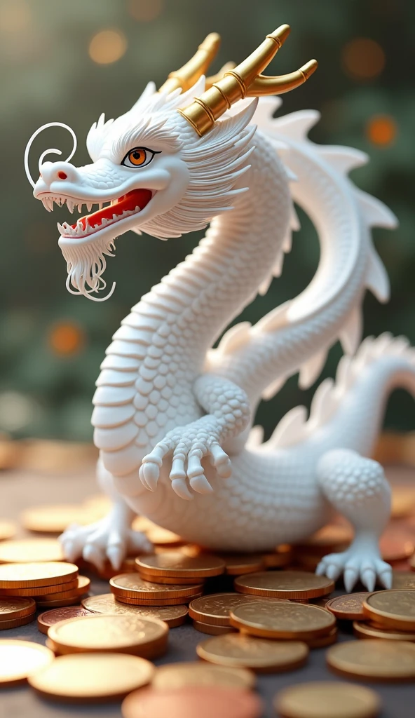 "Very beautiful 3D rendered white Chinese dragon，Representation of Dynamics, Sharp effects and details，Best image quality，High resolution，Variety of colors,　Coin pile, treasure"