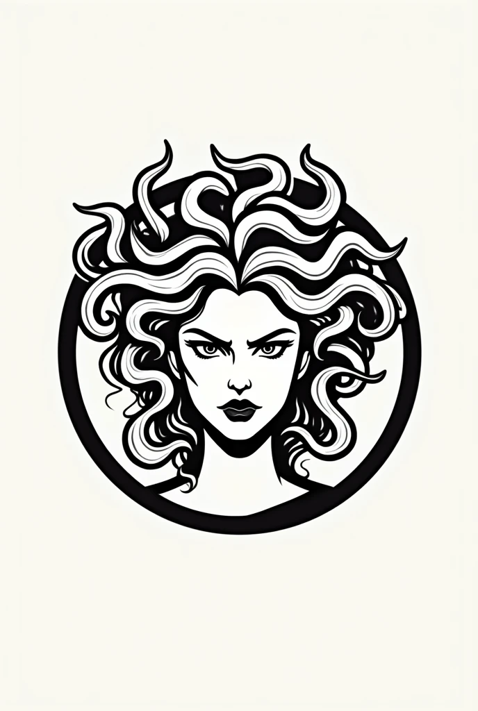 medusa, the ancient greek, woman head logo. Vector illustration of angry female face inside a Versace-like circle in black lines with snake heads