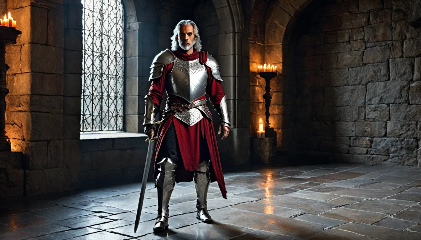 ((masterpiece, The silver armor is decorated with beautiful chainmail.,Gorgeous filigree armor, Detailed fantasy armor)), Inside a stone building, Stone slabs scattered on the floor, A muscular man in armor walking towards the front, dim, Gray Hair, Candles along the walls light up the room., Holding a large rapier, A beautiful dark red twisted rapier, Wearing a dirty cloak, Under his armor he wears a dirty dark crimson loincloth.,There are three small orange gems lined up on the chest., Beautiful metal with fine white detailing on the shoulders