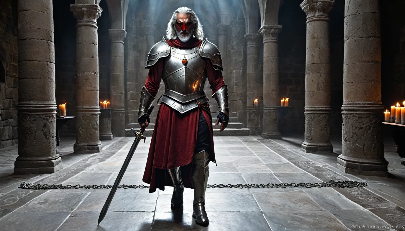 ((masterpiece, The silver armor is decorated with beautiful chainmail.,Gorgeous filigree armor, Detailed fantasy armor)), Inside a stone building, Stone slabs scattered on the floor, A muscular man in armor walking towards the front, dim, Gray Hair, Candles along the walls light up the room., Holding a large rapier, A beautiful dark red twisted rapier, Wearing a dirty cloak, Under his armor he wears a dirty dark crimson loincloth.,There are three small orange gems lined up on the chest., Beautiful metal with fine white detailing on the shoulders