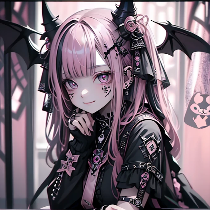 (masterpiece), highest quality, Ultra-high resolution,woman、Gothic Punk、devil、((Background pink room:1.3))、Bat、smile、teddy bear、devilの槍