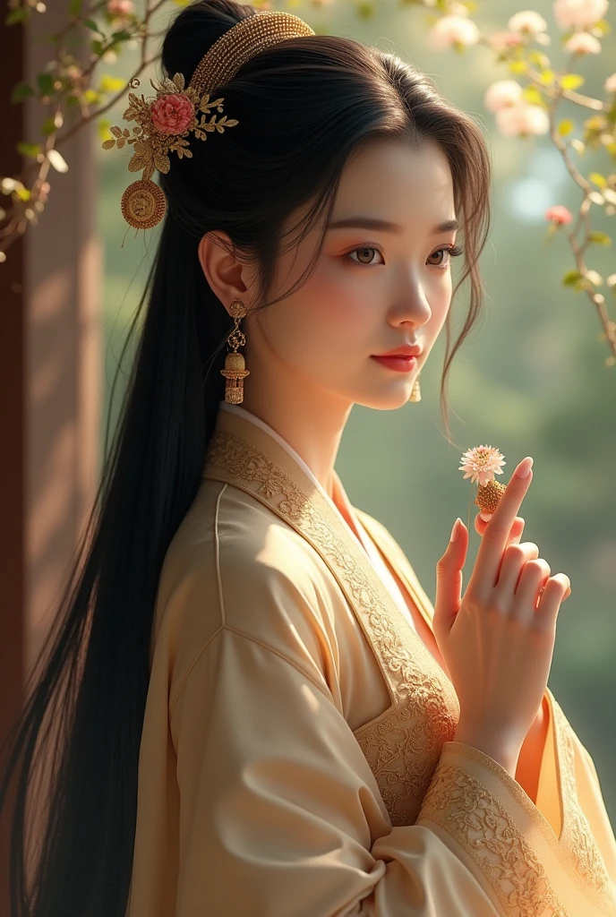 A Graceful and serene lady, with long dark hair. Wears a traditional embroidered dress with earth tones, and often holds a ceremonial object.