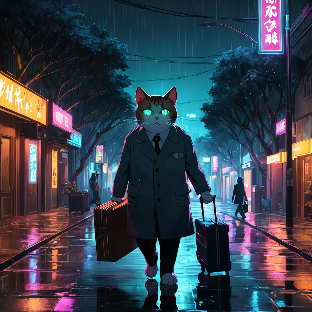 “Creates an image of an anthropomorphic feline character, a cat with watery eyes, rosy cheeks, soaked eyelashes, emotional expression, intense sadness, tears, realistic textures, very refined details, holding his suitcase full of things, walking alone on the street, trees in low light. Around him, the cat has a neon light effect.