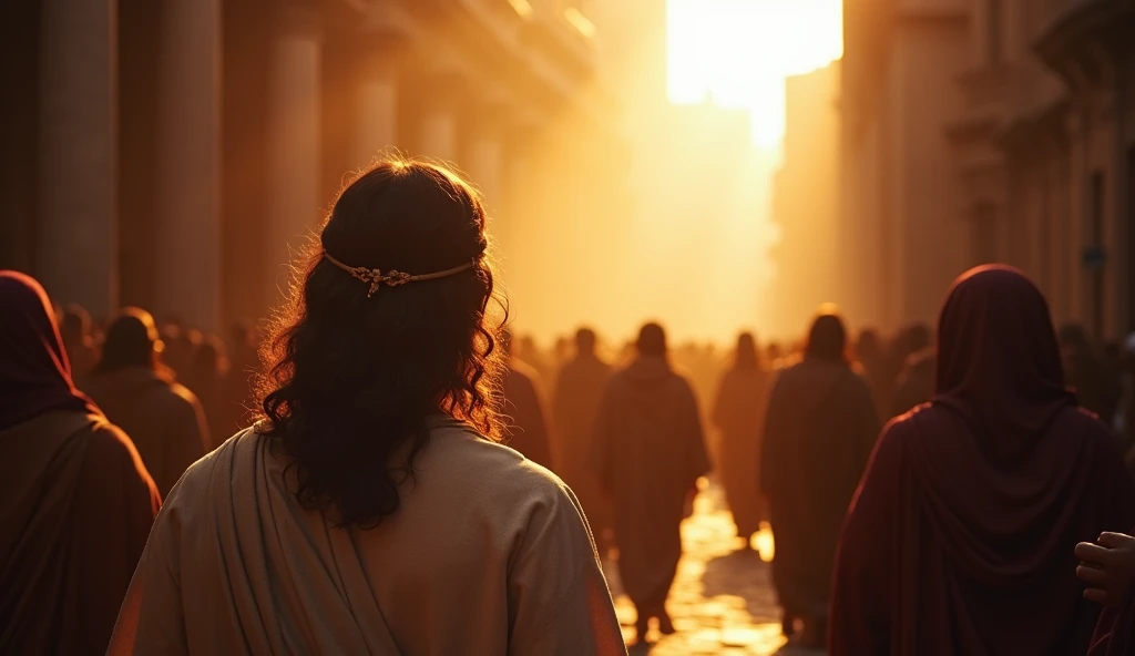 JESUS in the middle of the crowd in front healing a man in the middle of the street and a ray of light on JESUS