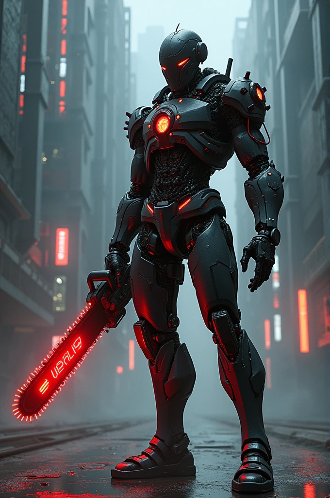 Dark_fantasy,cyberpunk,(chain saw,chain saw man,Red:1.1),1man,Mechanical marvel,Robotic presence,Cybernetic guardian,