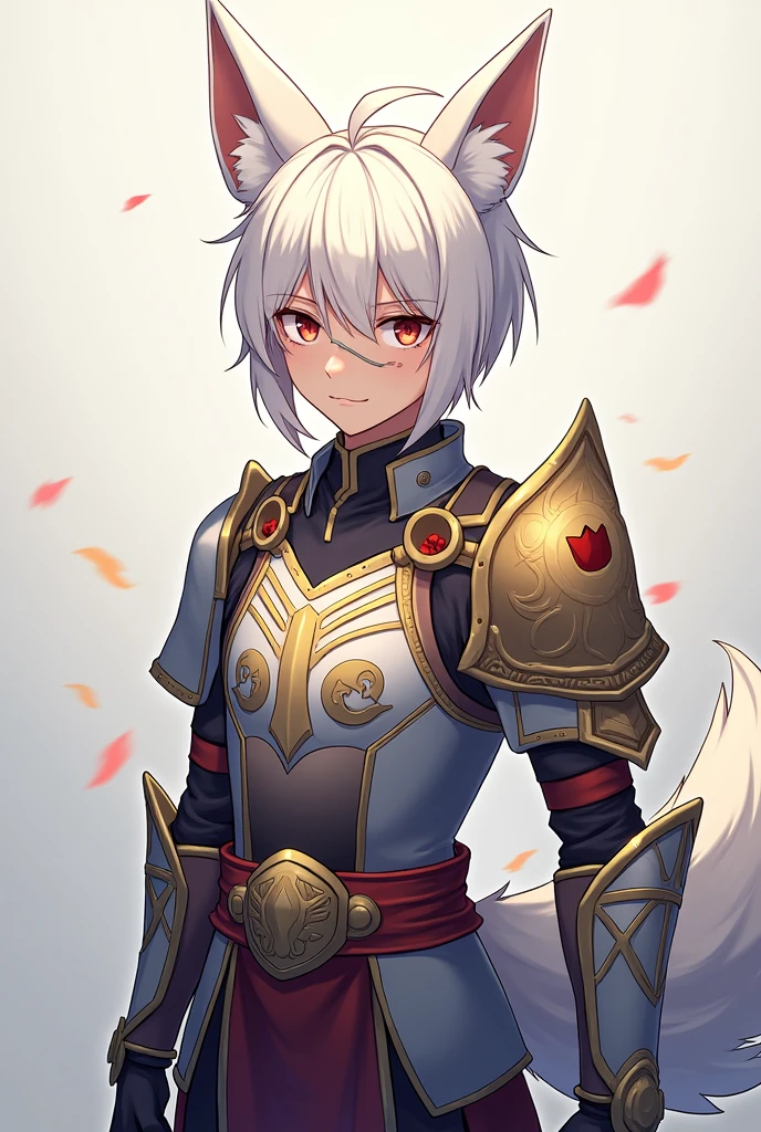 Anime boy with kitsune armor from blox fruts with short white hair and disguise with scar on nose